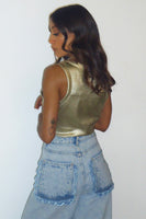 Thumbnail for caption_Model wears Gold Ribbed Tank Top in UK size 10/ US 6