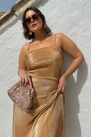Thumbnail for caption_Model wears Gold Plisse Luna Dress  in UK size 18/ US 14