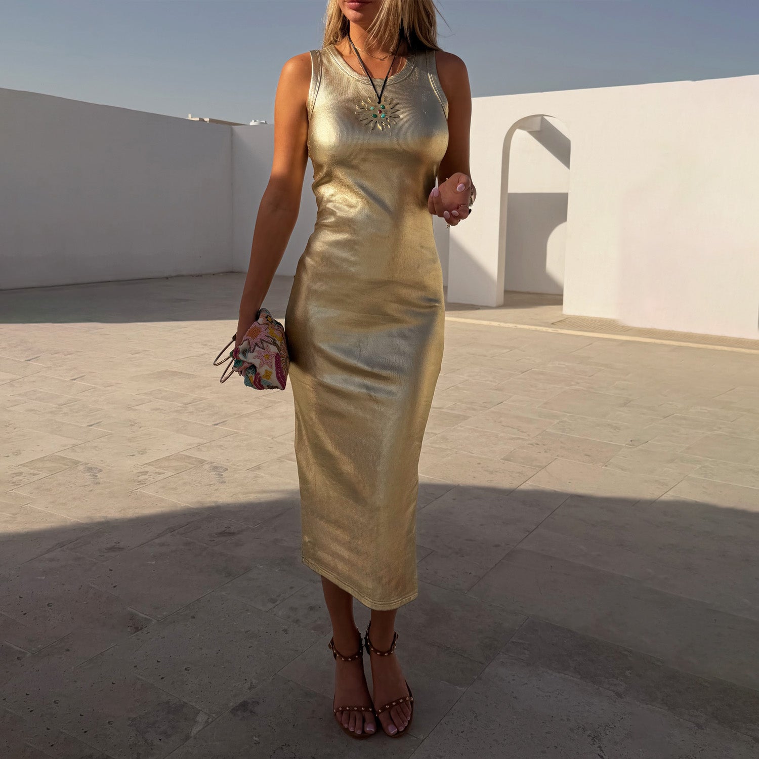 Women's Gold Metallic Ribbed Dress in - size L