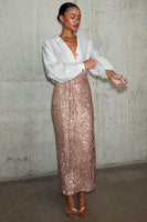 Thumbnail for caption_Model wears Gold Sequin Jaspre Skirt in UK size 10/ US 6