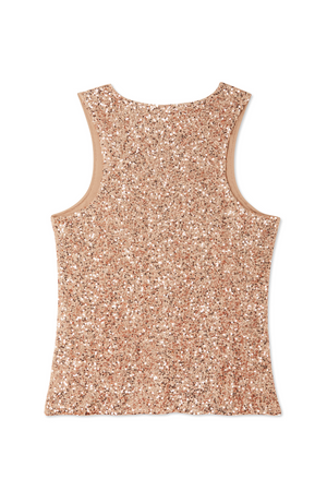 Gold Sequin Tank Top with a racerback design and nude mesh lining, shown from the back.