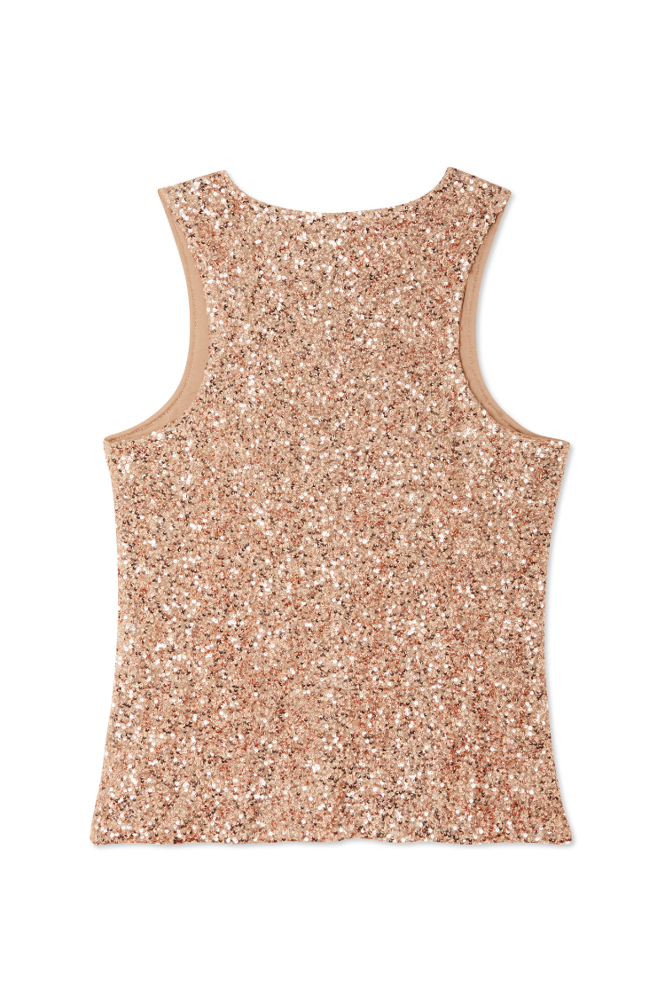Gold Sequin Tank Top with a racerback design and nude mesh lining, shown from the back.