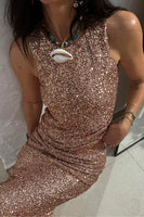 Thumbnail for caption_Model wears Gold Sequin Tank Top  in UK size 10/ US 6