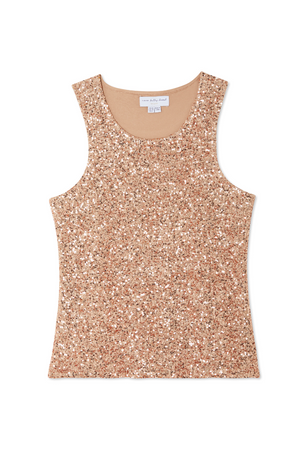 Shimmering Gold Sequin Tank Top with a racerback neckline and soft nude lining in a flat lay view.