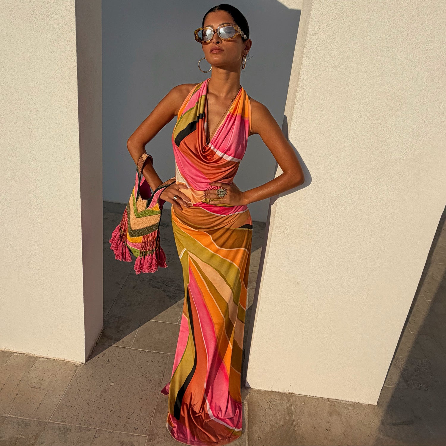 sabine backless maxi dress Green Abstract Sabine Maxi Dress - Backless Cowl Neck