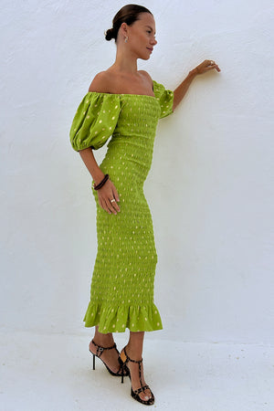 Olive Jojo Midi Dress with gold flecks, featuring a shirred body, puffed sleeves and a frill hem.