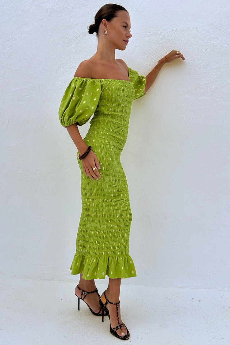 Olive Jojo Midi Dress with gold flecks, featuring a shirred body, puffed sleeves and a frill hem.