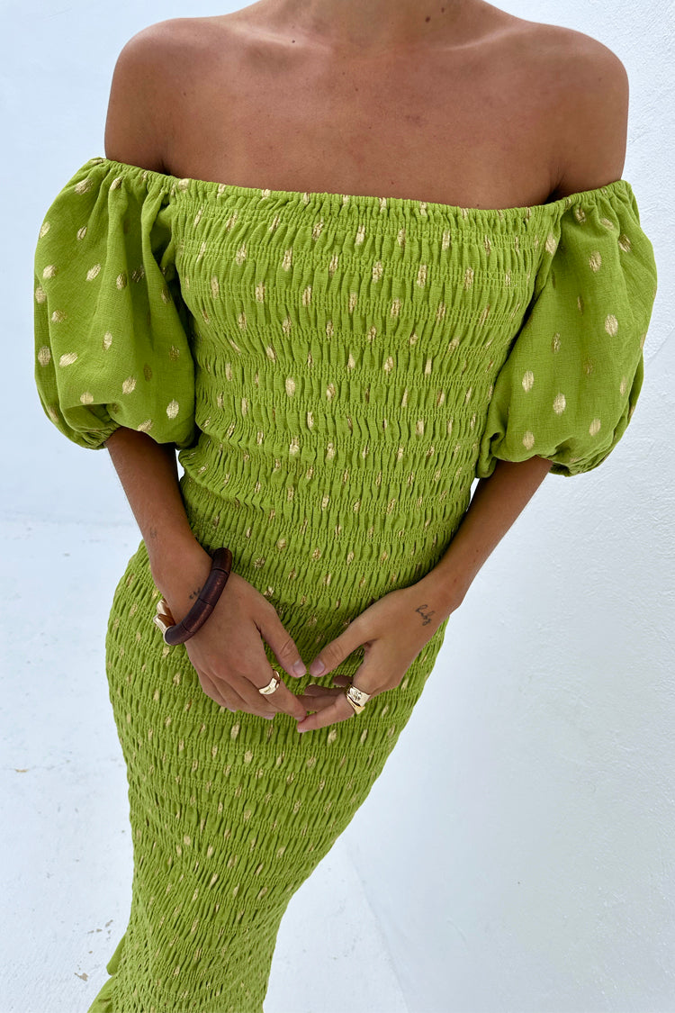 Olive Jojo Dress featuring gold flecks, a shirred bodice and puffed off-the-shoulder sleeves.