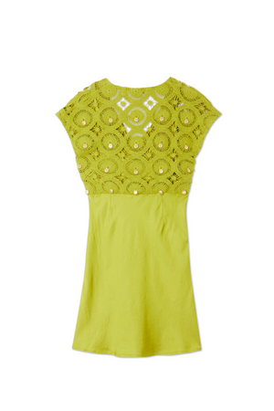 Green Shell Mini Elodie Dress in a lime tone, featuring a delicate crochet bodice and a lightweight satin skirt.