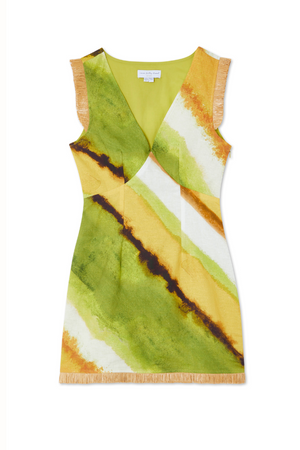 Green Ombre Deia Dress featuring earthy green and yellow watercolour tones with textured raffia trim.
