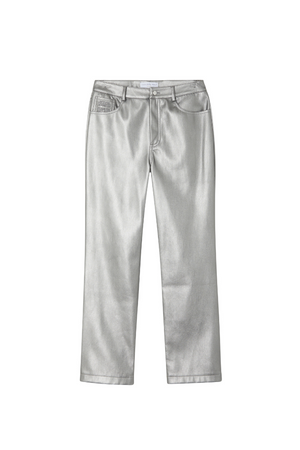 Gunmetal Vegan Leather Trousers with a straight-leg fit and metallic silver-grey finish.