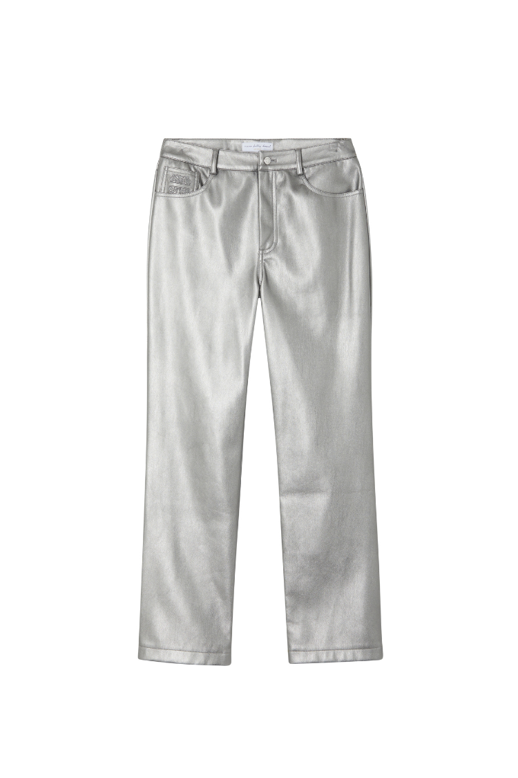 Gunmetal Vegan Leather Trousers with a straight-leg fit and metallic silver-grey finish.