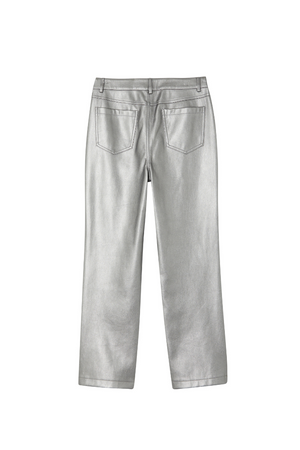Gunmetal vegan leather trousers with a metallic finish and straight-leg fit, shown from the back.