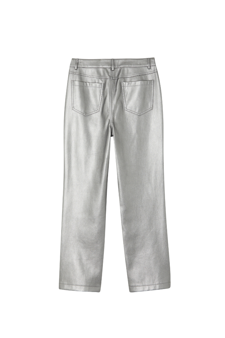 Gunmetal vegan leather trousers with a metallic finish and straight-leg fit, shown from the back.