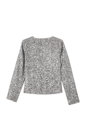 Gunmetal Alexa Sequin Cardigan in silver sequins and a structured silhouette, shown from the back.