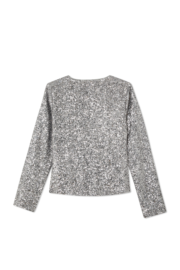 Gunmetal Alexa Sequin Cardigan in silver sequins and a structured silhouette, shown from the back.