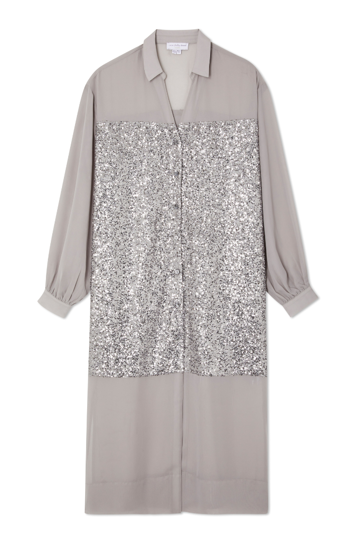 Gunmetal Sequin Lila Shirt Dress with a silver sequinned panel and button-up front in a grey longline style.
