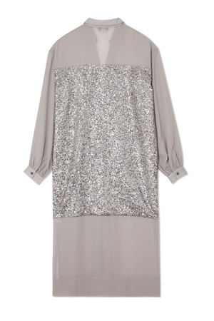 Gunmetal Sequin Lila Shirt Dress featuring shimmering silver sequins and a relaxed longline silhouette.