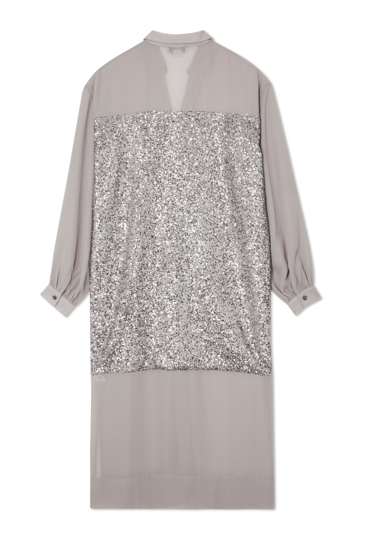 Gunmetal Sequin Lila Shirt Dress featuring shimmering silver sequins and a relaxed longline silhouette.