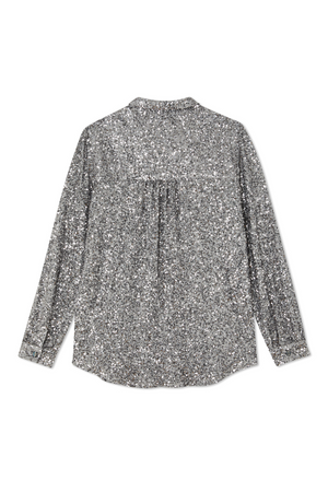 Gunmetal Sequin Miley Shirt in shimmering silver, showing the back of the relaxed-fit, long-sleeved silhouette.