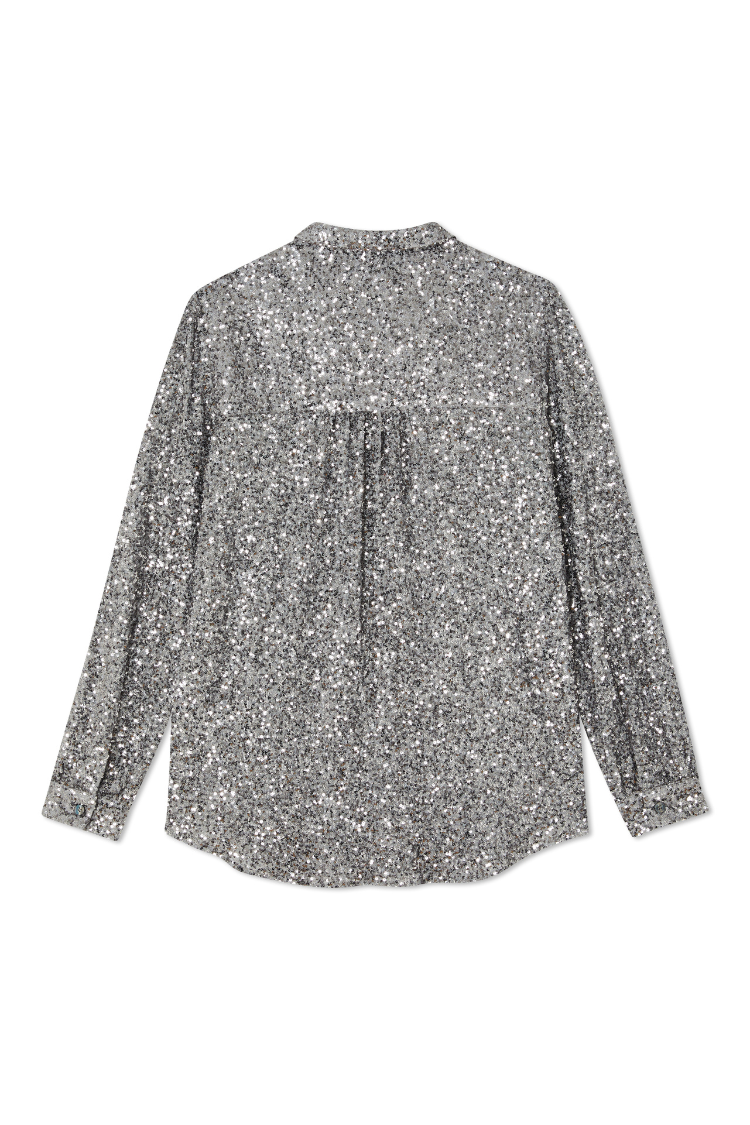 Gunmetal Sequin Miley Shirt in shimmering silver, showing the back of the relaxed-fit, long-sleeved silhouette.