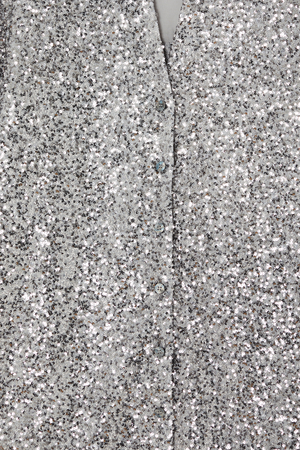 Detail of the Gunmetal Sequin Miley Shirt highlighting shimmering silver sequins and button-up fastening.
