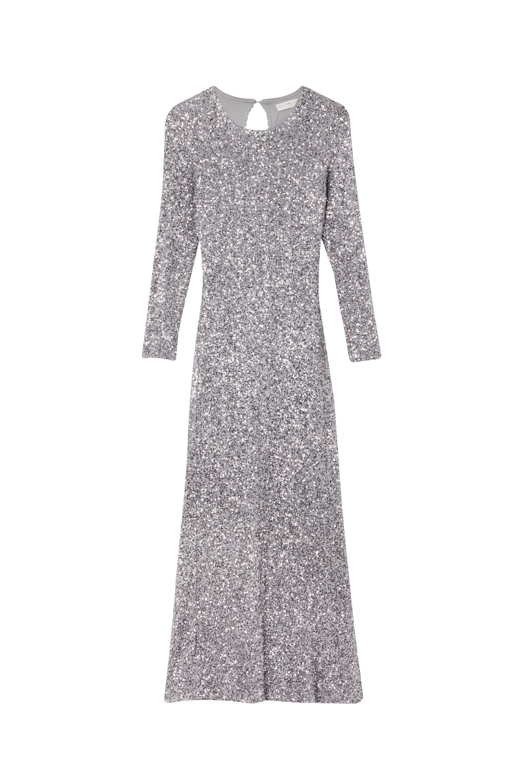 Gunmetal Sequin Soho Dress featuring long sleeves and a keyhole back detail in a shimmering grey finish.
