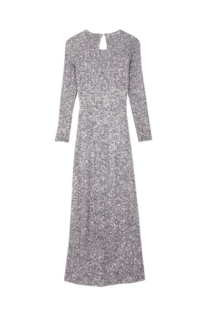 Gunmetal Sequin Soho Dress featuring a shimmering grey finish, long sleeves, and a keyhole back detail.