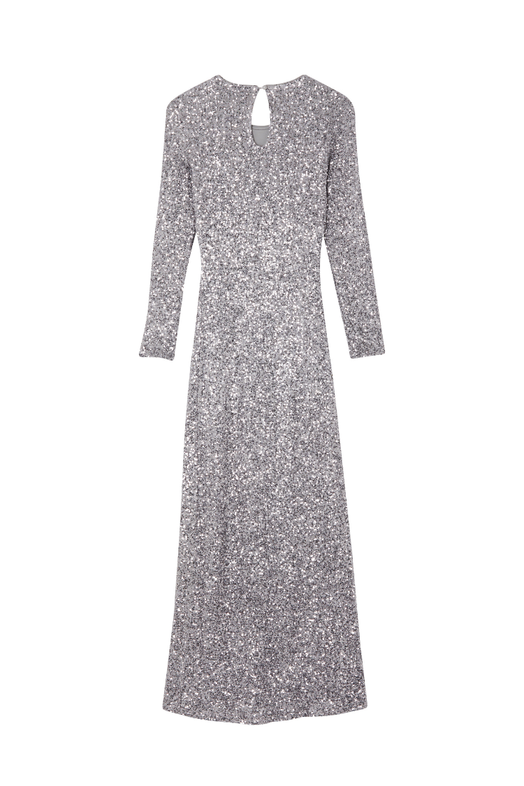 Gunmetal Sequin Soho Dress featuring a shimmering grey finish, long sleeves, and a keyhole back detail.
