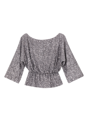 Gunmetal Sequin Tilly Top featuring a boat neckline and elasticated waist, designed in London for dopamine dressing.