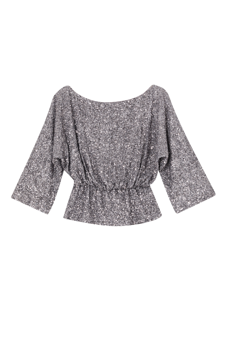 Gunmetal Sequin Tilly Top featuring a boat neckline and elasticated waist, designed in London for dopamine dressing.