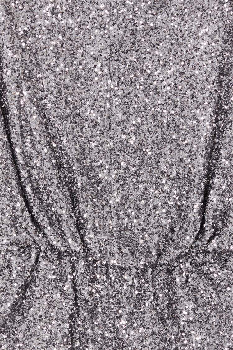 Close-up detail of the Gunmetal Sequin Tilly Top featuring shimmering silver sequins.