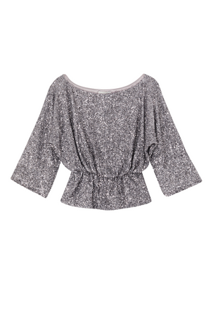 Gunmetal Sequin Tilly Top with wide sleeves and a gathered waist, shown as a flat lay on a white background.