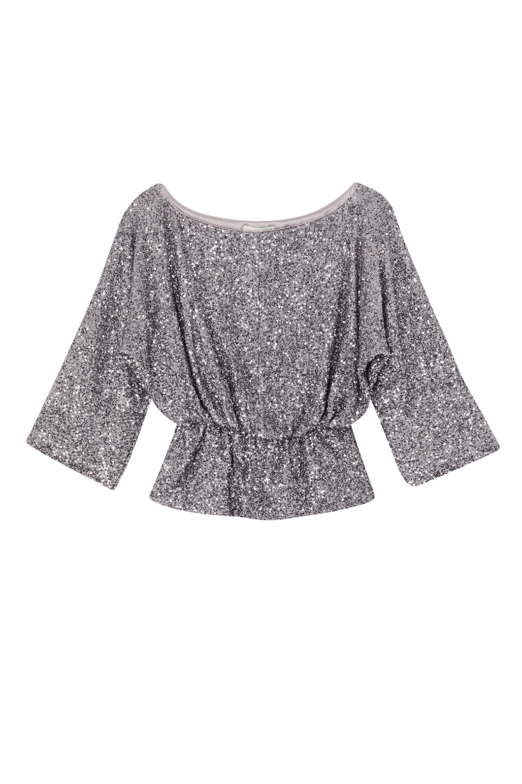 Gunmetal Sequin Tilly Top with wide sleeves and a gathered waist, shown as a flat lay on a white background.