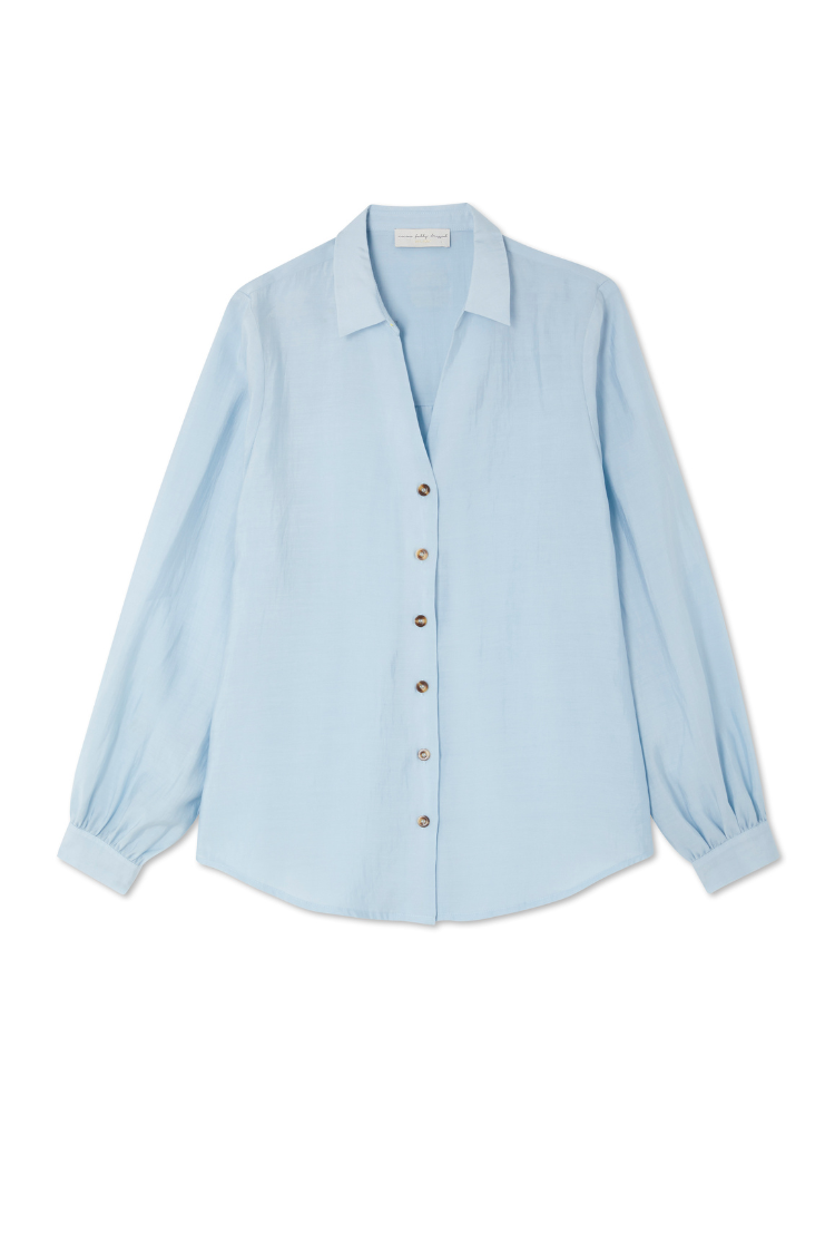 Ice Blue Miley Shirt with blouson sleeves and tortoise buttons, a wardrobe staple.