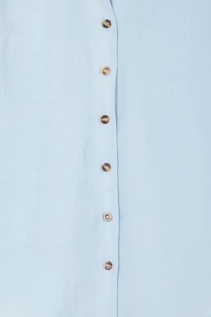Ice Blue Miley Shirt detail with contrast tortoise buttons on sky blue, lightweight and slightly sheer fabric.