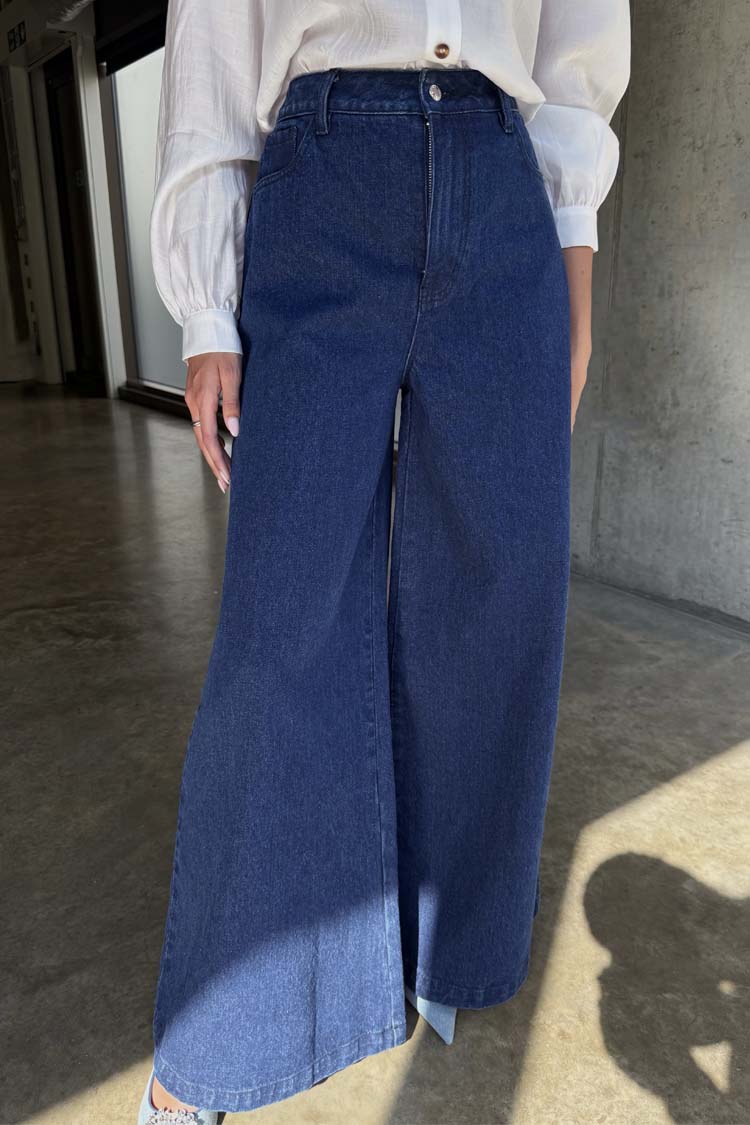 Blue Denim Pallazzo Jan Jean in indigo featuring a voluminous wide leg and high-waisted silhouette.