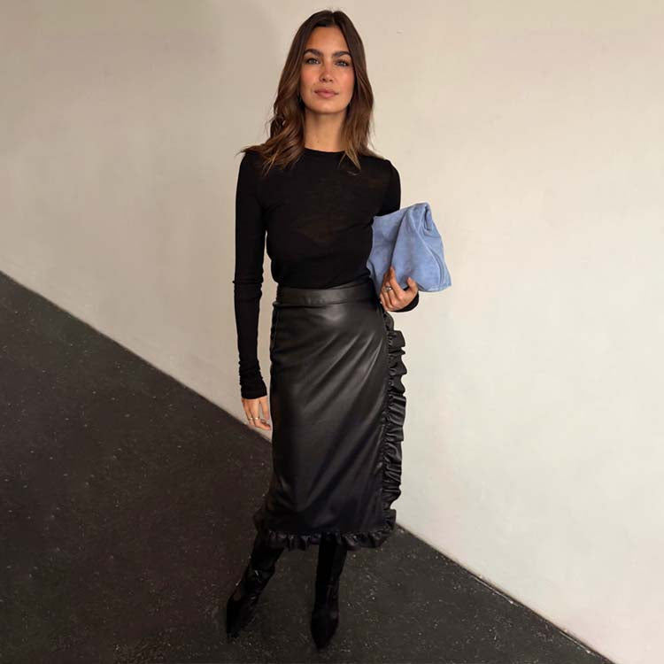 Black Vegan Leather Ruffle Jaspre Skirt Never Fully Dressed Black Vegan Leather Ruffle Jaspre Skirt Never Fully Dressed