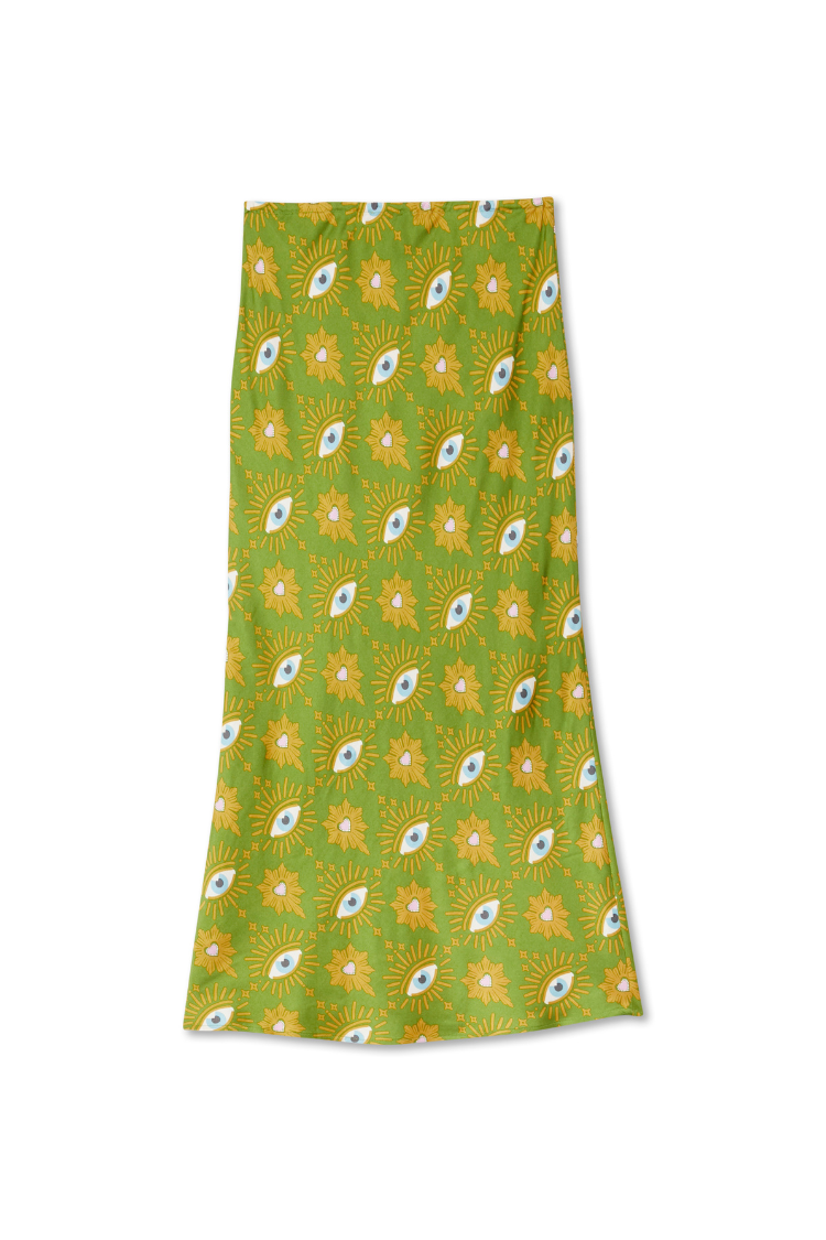 Khaki Eye Dorris Skirt in green featuring a sun-burst eye and heart print with a relaxed midi silhouette.