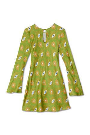 Khaki Eye Mini Soho Dress in green featuring an iconic eye print, flared sleeves and keyhole back detail.