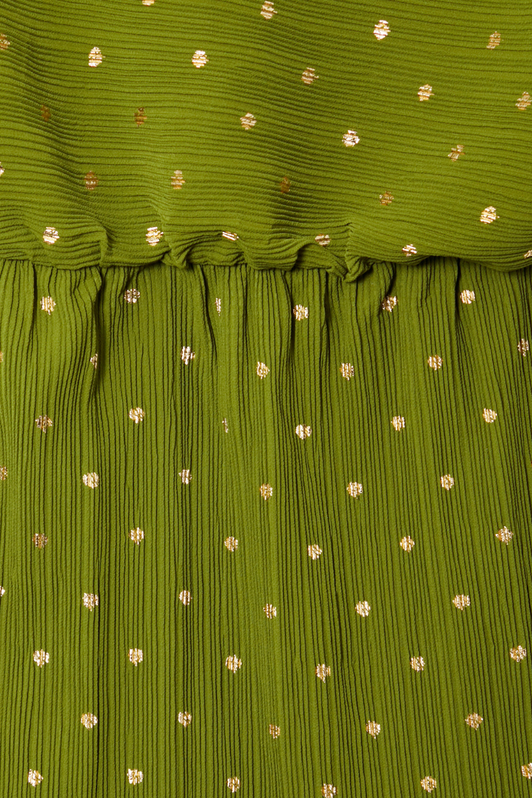 Khaki Mini Plisse Tilly Dress detail highlighting the textured green fabric, gold fleck print and elasticated waist.