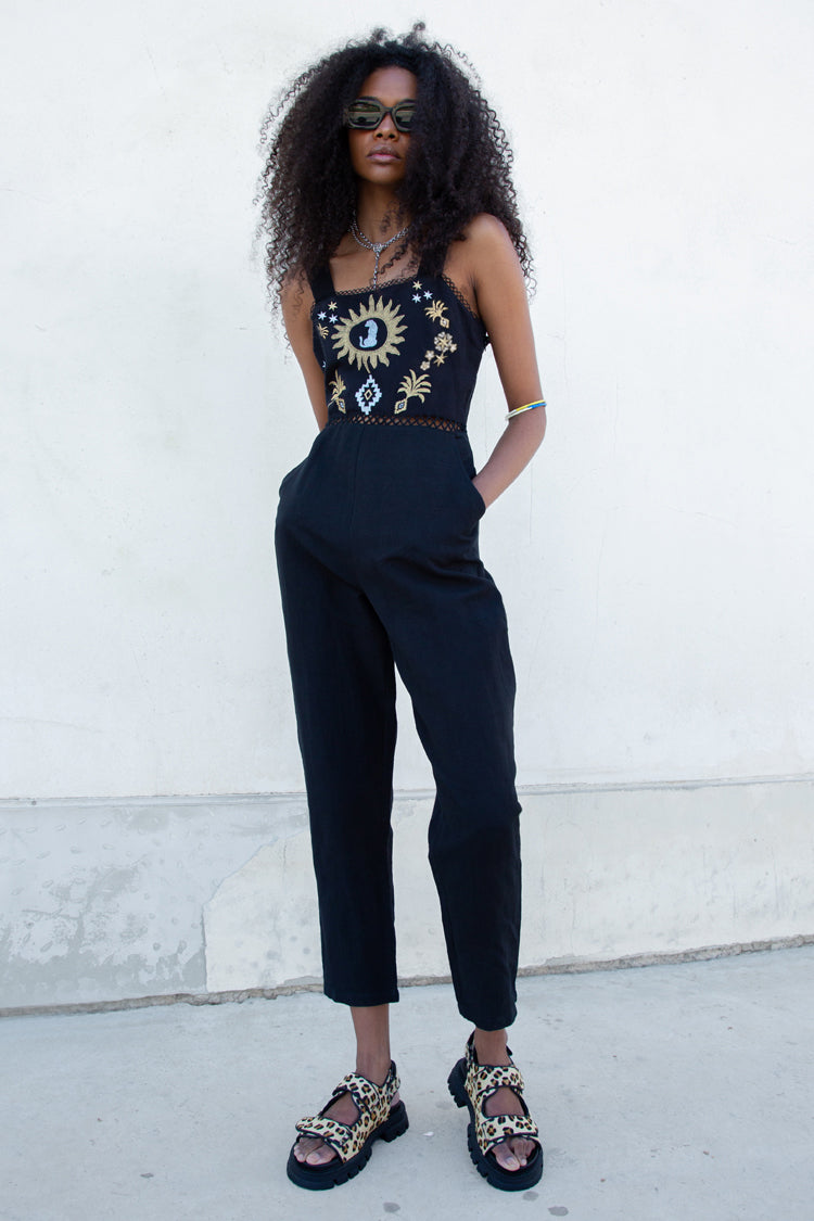 Model wearing Black Leopard Embroidered Jumpsuit 