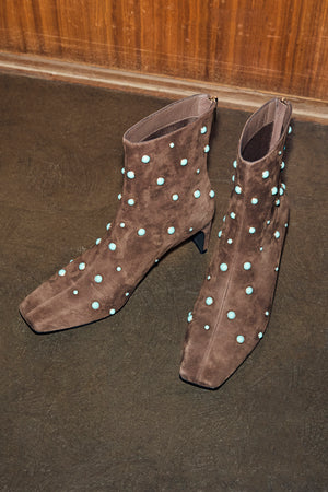 Chocolate Studded Suede Boots in brown suede with turquoise studs, a square toe and low block heel.