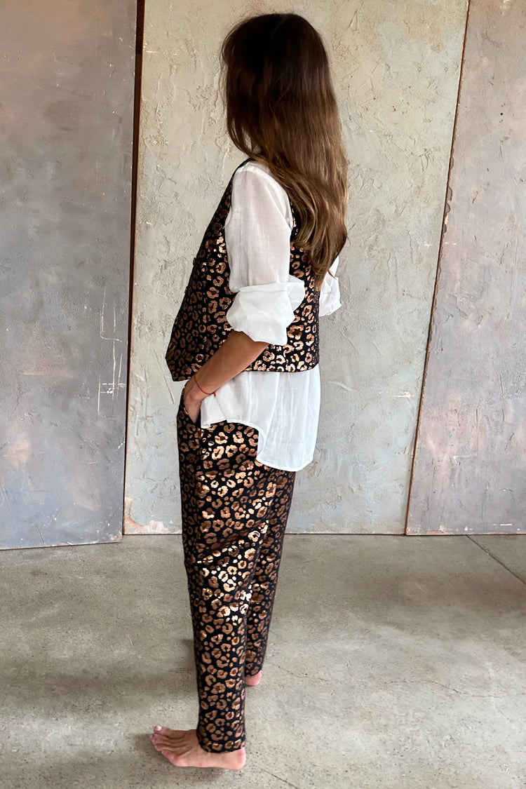 Model wearing Leopard Jacquard Milo Trousers