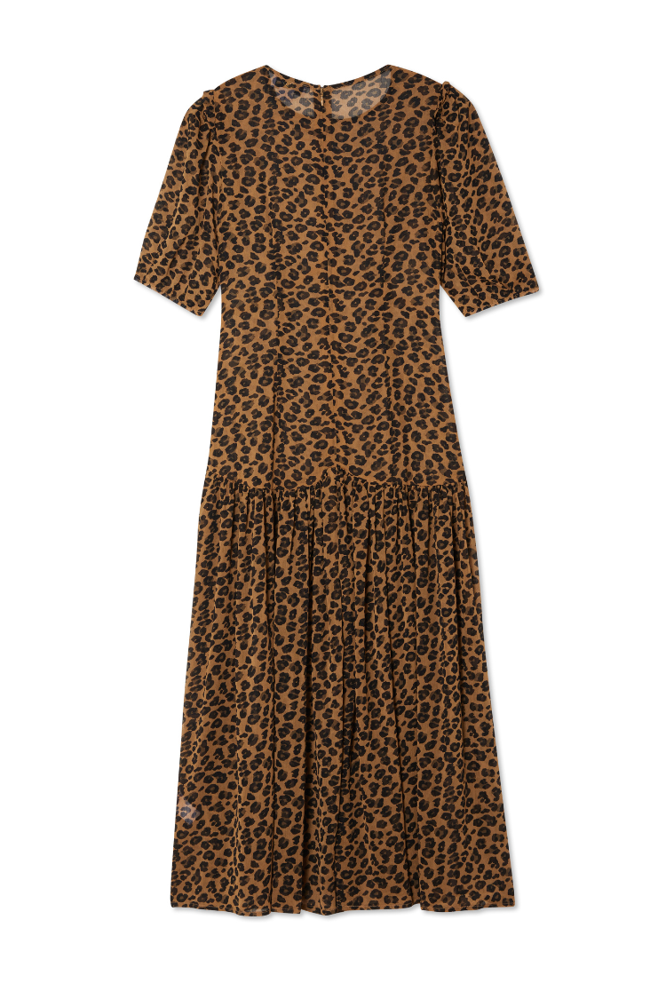 Leopard Lucia Sheer Dress featuring short puff sleeves and a tiered drop-waist skirt in a leopard print.