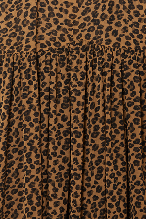 Leopard Lucia Dress detail highlighting the iconic leopard print and gathered tiered skirt construction.
