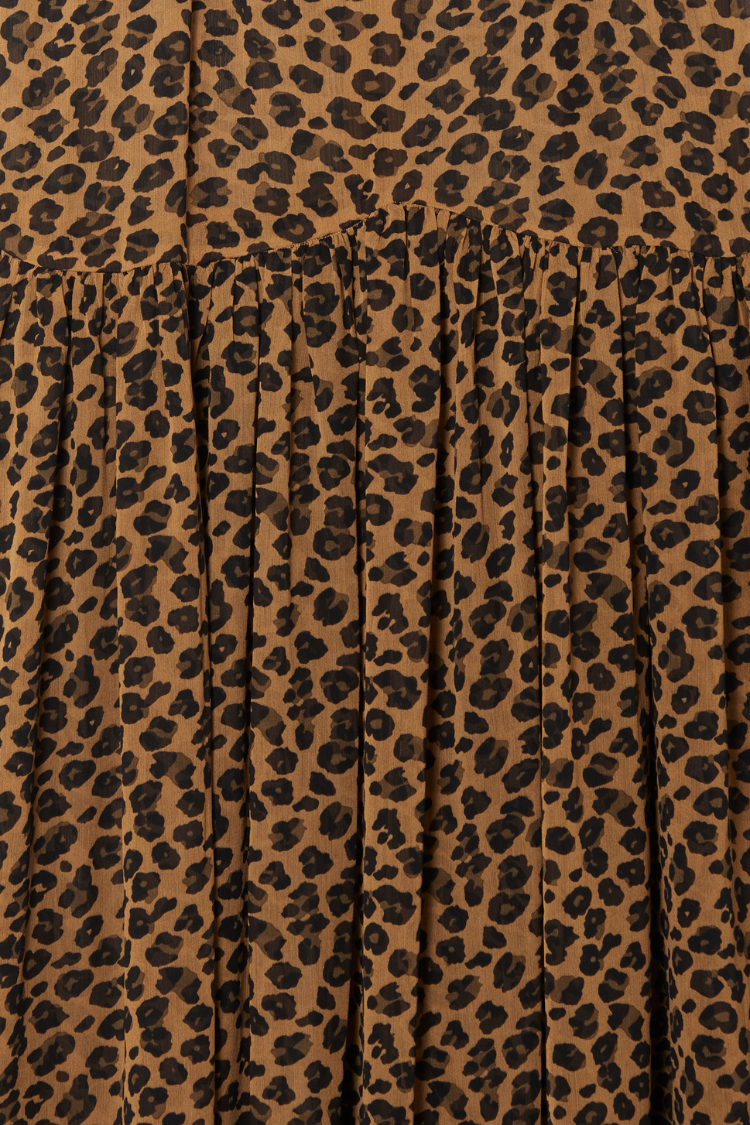 Leopard Lucia Dress detail highlighting the iconic leopard print and gathered tiered skirt construction.