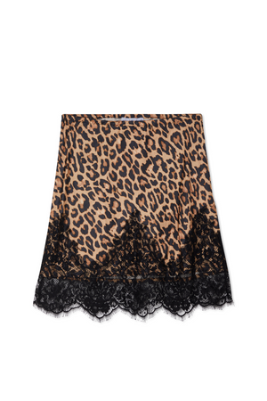 Leopard Lace Mini Maeva Skirt featuring a leopard print and black lace hem, designed in London.