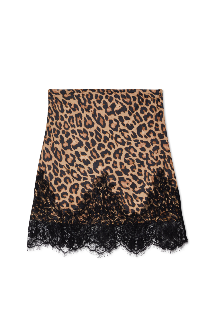 Leopard print Mini Maeva Skirt featuring a black lace trim and an elasticated waist.