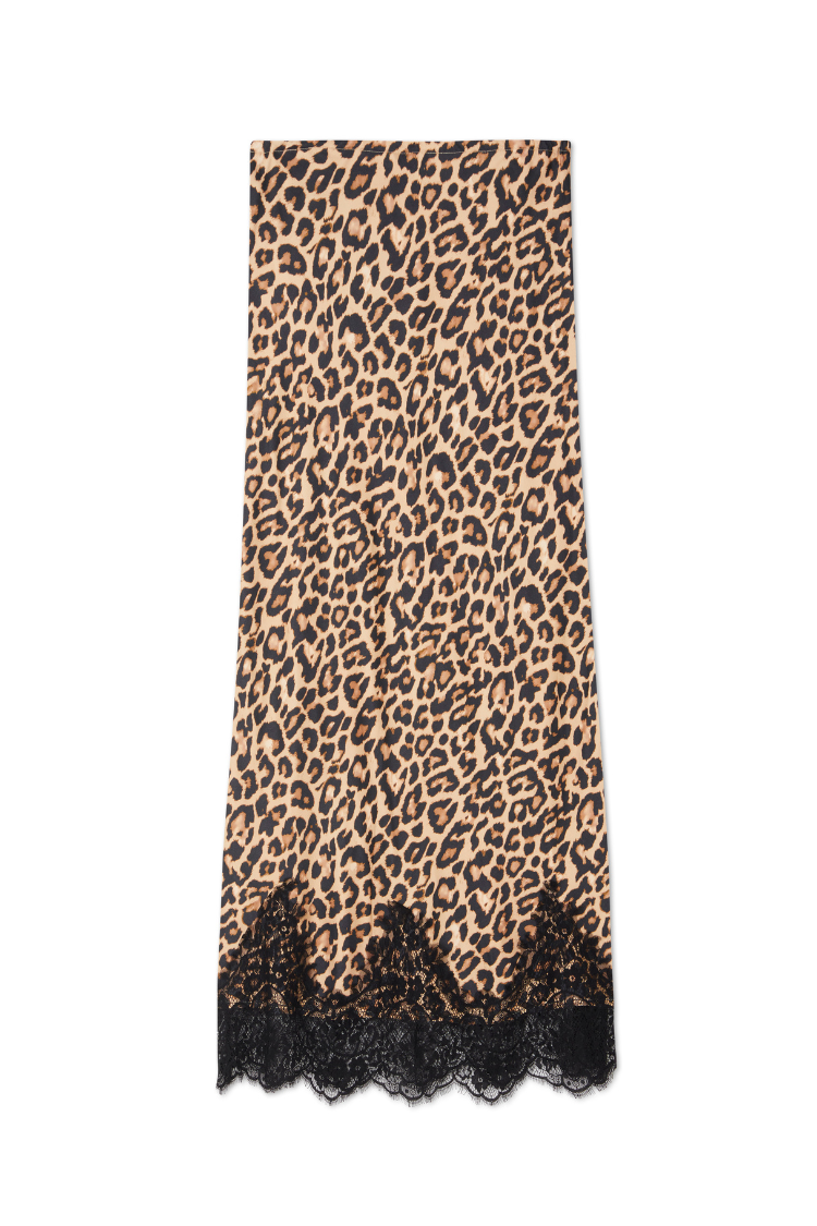 Leopard Lace Midi Maeva Skirt featuring a classic animal print and a scalloped black lace border.